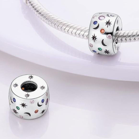 Barrel style Silver 925 Charm with Colorful CZ Moon and stars - Picture 2 of 3